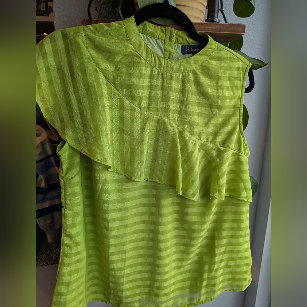 RARE Vibrant Green Striped Blouse With Ruffle